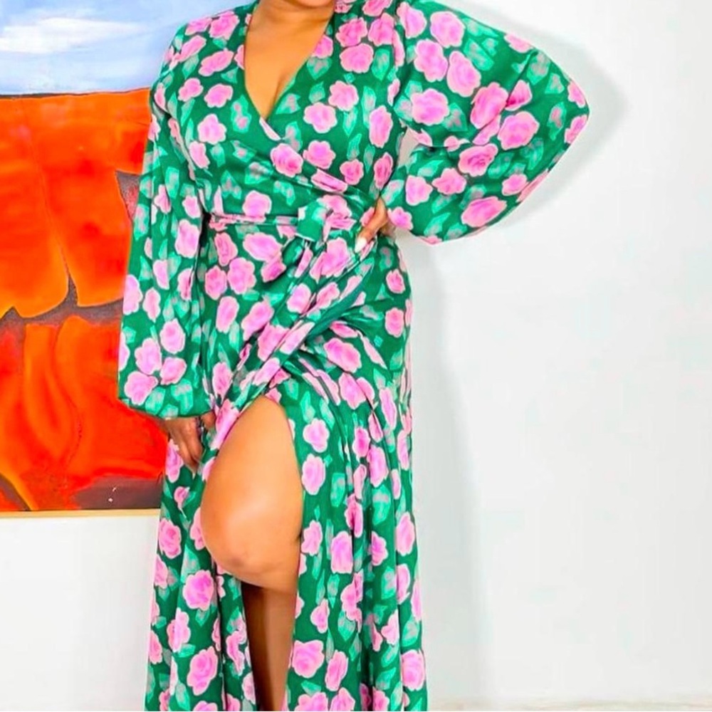 Floral Green Maxi Dress with Pink Accents